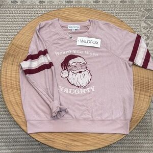 Wildfox Dusty Pink Santa Graphic Pullover with Burgundy Stripes -Super Soft